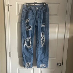 SHEIN Blue Distressed Straight Leg Jeans